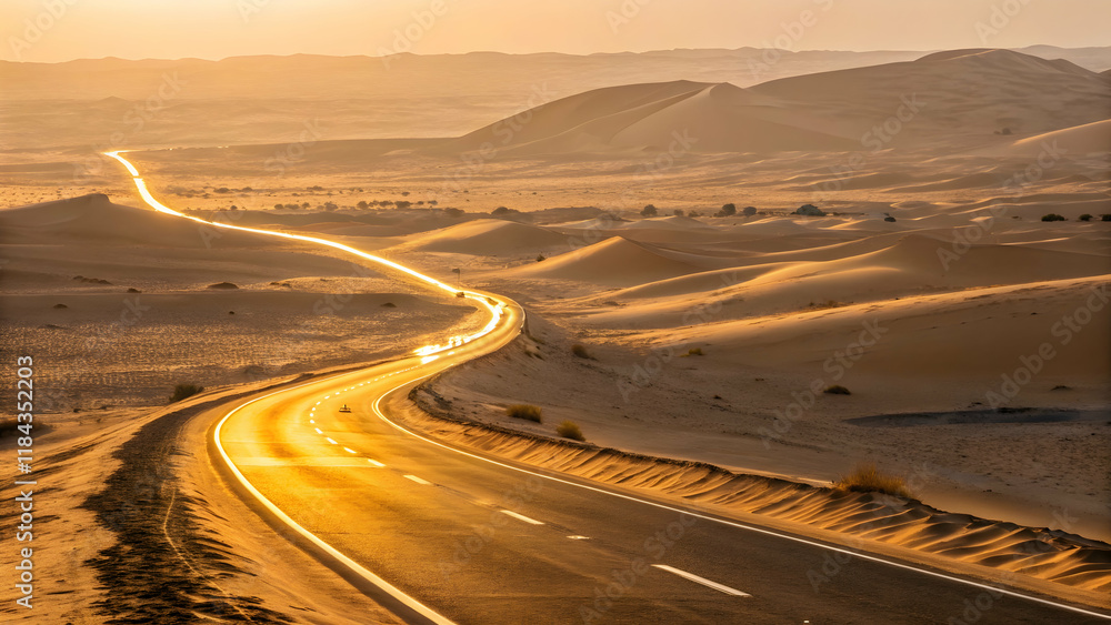 Fototapeta premium Serene Desert Road at Sunset with Soft Glow and Distant Dunes