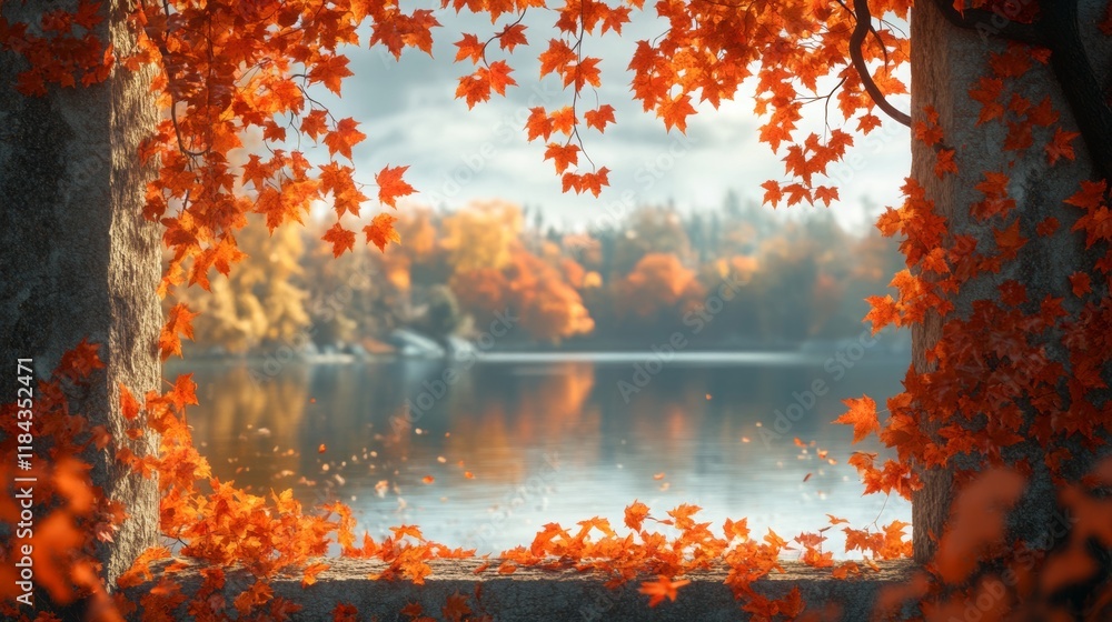 Fototapeta premium Vibrant Autumn Maple Leaves Framed by Nature