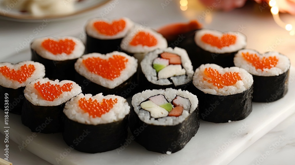A Valentine's Day-themed sushi platter with heart-shaped rolls, arranged on a white marble surface A Valentine's Day-themed sushi platter with heart-shaped rolls, arranged on a white marble surface