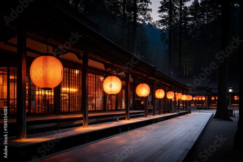 A peaceful night scene of an ubosot, illuminated by soft lantern light and surrounded by the quiet of the temple grounds photo