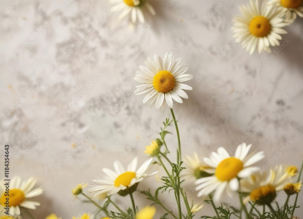 Obraz premium Blurred yellow petals of chamomile flowers against a light background, delicate blooms, summer wildflowers, natural beauty