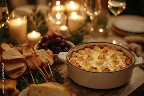 Cozy dinner table with glowing candles and delicious food photo