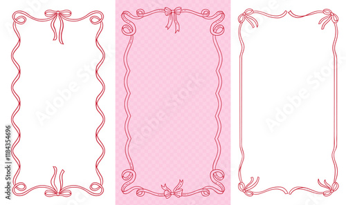 Coquettish elegant decorative vertical frames set featuring a ribbon bow design with flowing hand drawn contours. Vector16x9 borders for invitations, cards, and artistic projects