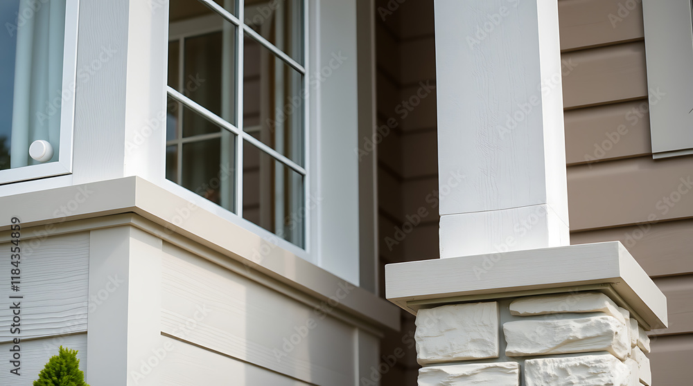 Fototapeta premium Close-up view of a house exterior, showcasing a corner with a multi-paned window, off-white siding, and a stone-faced column. The color palette is neutral, with shades of beige and off-white.
