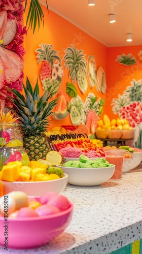 Wallpaper Mural A vibrant juice bar featuring tropical fruits and colorful smoothie bowls Torontodigital.ca