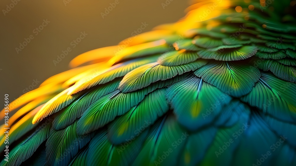 Obraz premium Radiant Plumage, Macro Photography of Emerald, Sapphire, and Yellow Bird Feathers