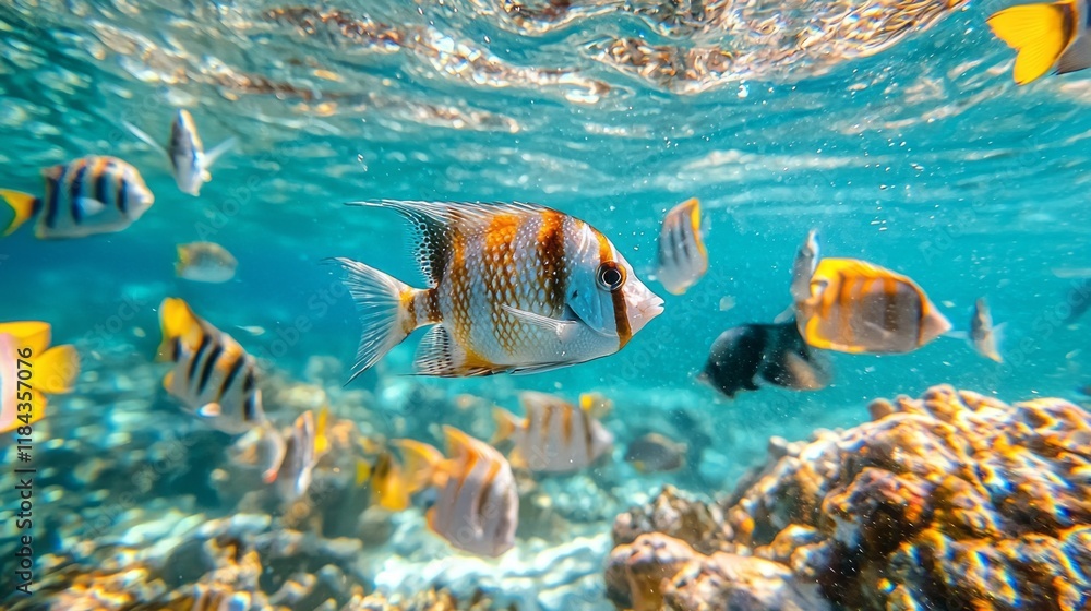 Fototapeta premium Amidst clear turquoise waters, a mesmerizing school of silver fish dances under shimmering sunlight. Coral reefs create a vibrant backdrop as the aquatic community thrives in harmony