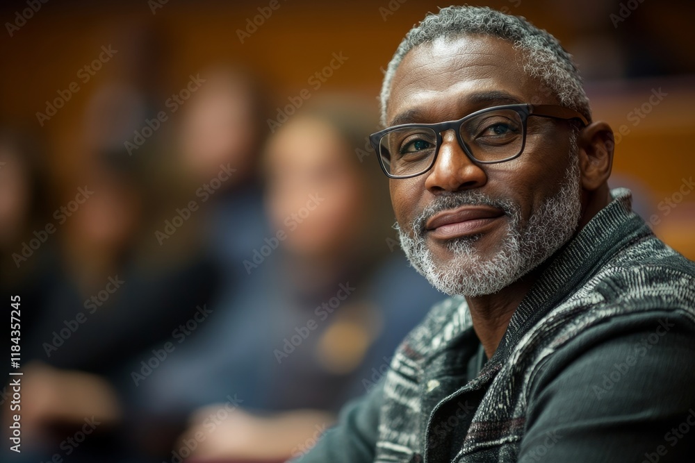 Mature black man attending educational seminar in lecture hall and looking at camera. Generative AI Mature black man attending educational seminar in lecture hall and looking at camera. Generative AI