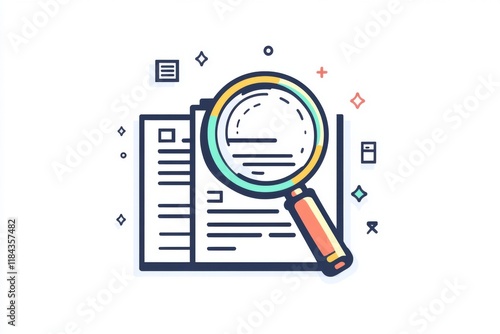 Magnifying glass hovering over document icon, vector flat minimalistic illustration on white background.