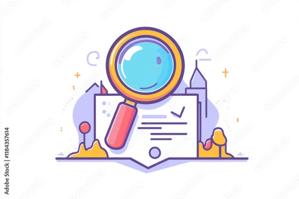 Magnifying glass hovering over document icon, vector flat minimalistic illustration on white background. Magnifying glass hovering over document icon, vector flat minimalistic illustration on white background.
