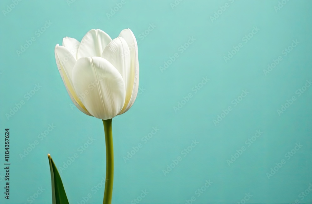 Fototapeta premium White tulip on a light blue background. Copyspace