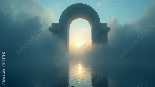 Ethereal Gateway at Dawn, Mystical Archway Over Tranquil Lake, Sunrise Cloudscape, Fantasy Landscape photo