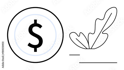 Dollar sign within a circle next to an abstract plant. Ideal for finance, investment, saving, wealth growth, sustainability, economic development, financial planning. Clean abstract line flat