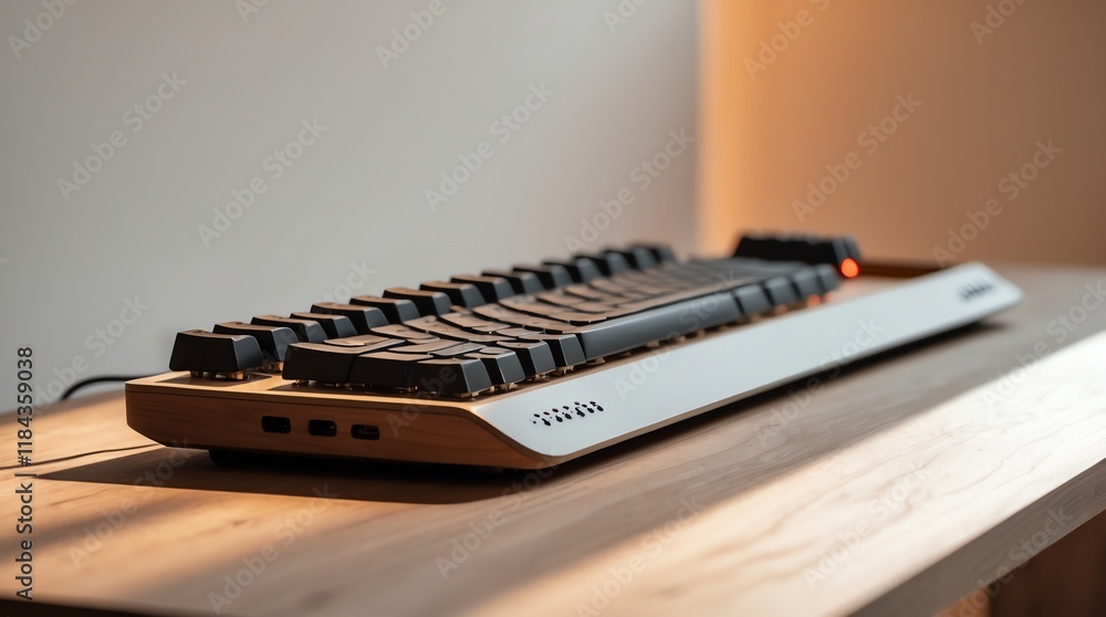 A modern mechanical keyboard on a wooden surface, showcasing sleek design and functionality. A modern mechanical keyboard on a wooden surface, showcasing sleek design and functionality.