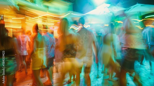 Abstract motion blur of people at a party in ibiza. Blurred motion, abstract background. Young people in club dancing. Blurry night club