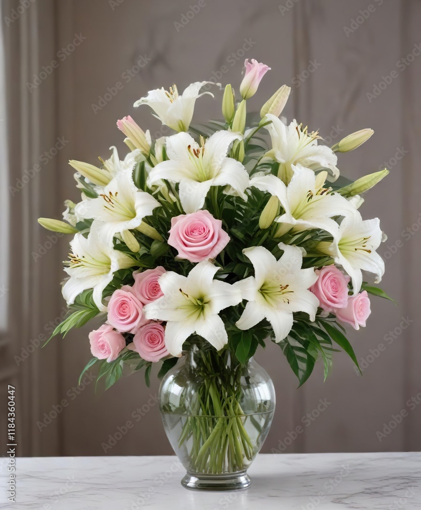 Fototapeta premium A beautiful arrangement of white lilies and pink roses in a elegant vase, Luxurious, White Lilies, Elegance