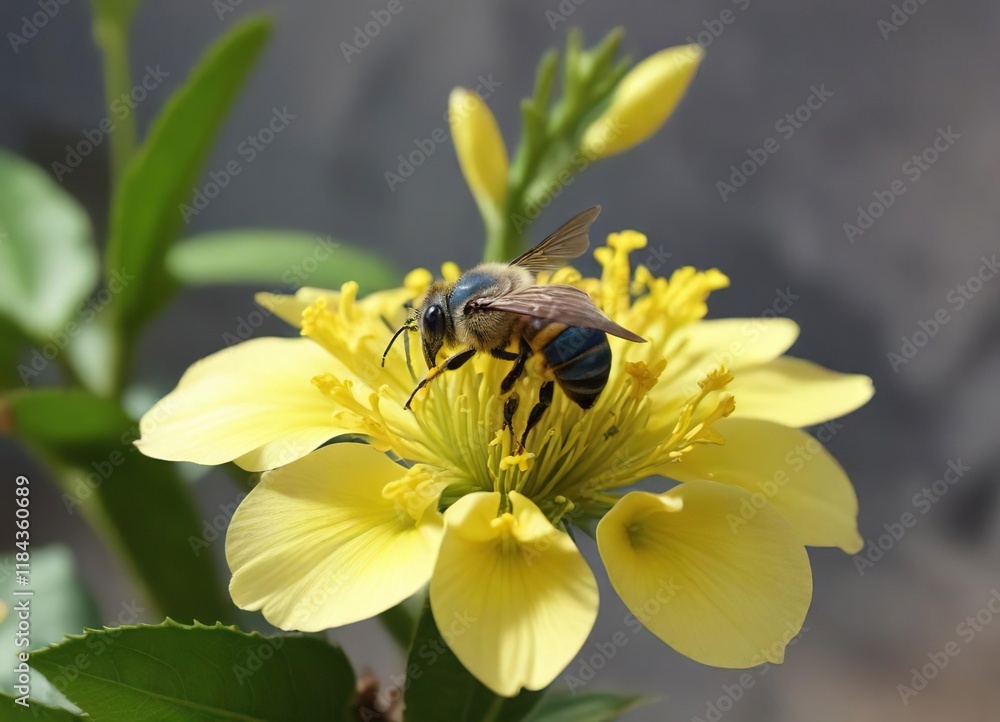 Amegilla Blue banded bee collecting nectar from a bright yellow lime blossom , flora, pollination, blue Amegilla Blue banded bee collecting nectar from a bright yellow lime blossom , flora, pollination, blue