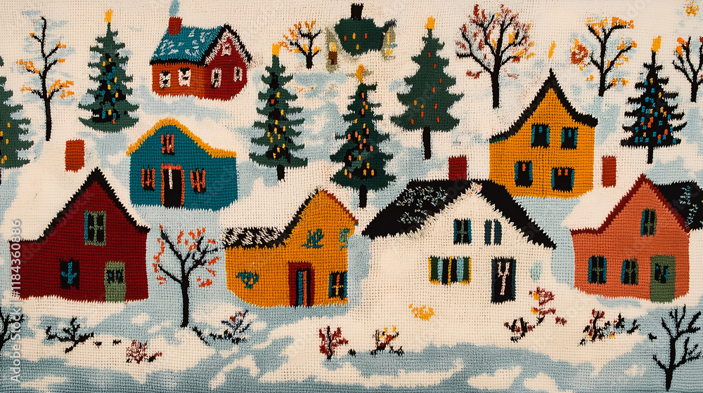 Fototapeta premium Village and Christmas Tree Knitting Pattern