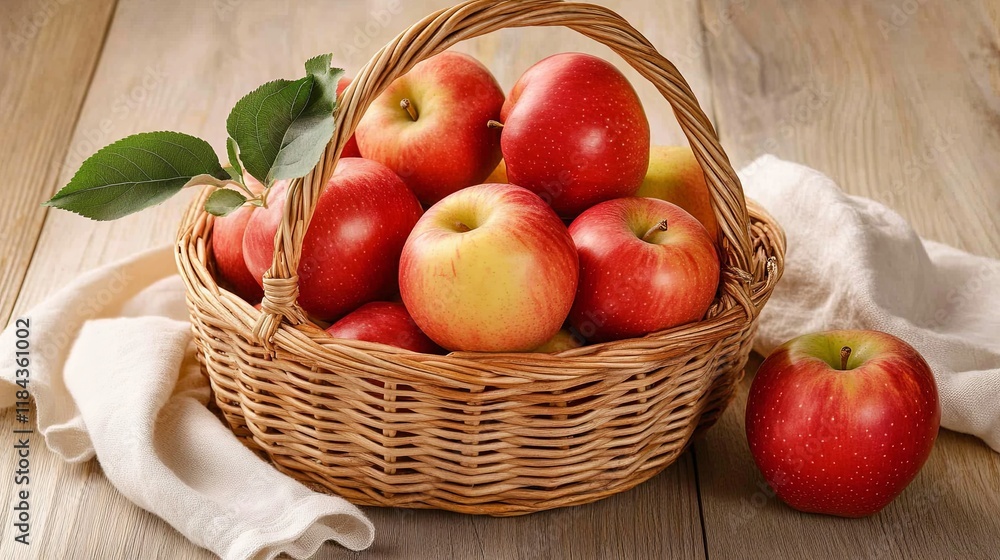 A wicker basket filled with fresh apples and a light linen cloth on a pale wooden table A wicker basket filled with fresh apples and a light linen cloth on a pale wooden table