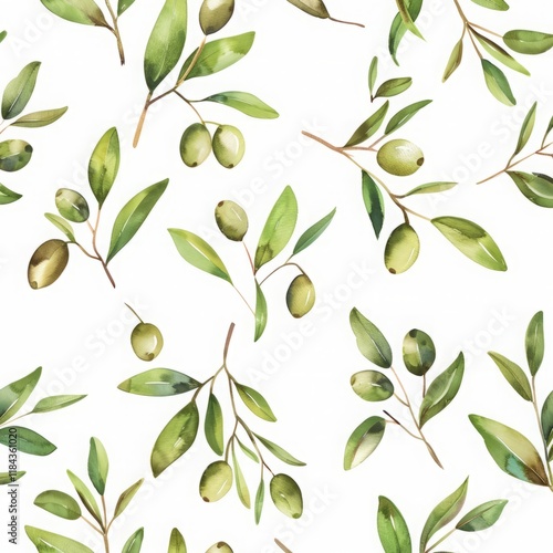Wallpaper Mural Seamless kids pattern with watercolor baby little olive branch drawing pattern on white background Torontodigital.ca