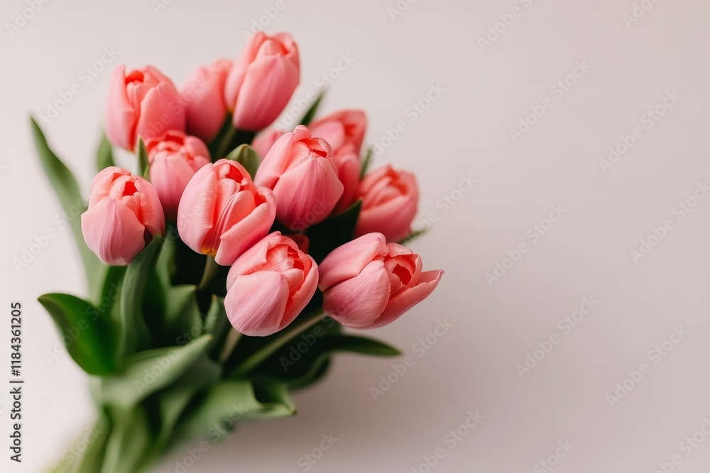 Lovely bouquet of pink tulips arranged elegantly on a neutral background for spring decoration
