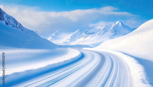 Wallpaper Mural A serene winter landscape featuring a winding snowy road, flanked by majestic mountains under a clear blue sky. Torontodigital.ca