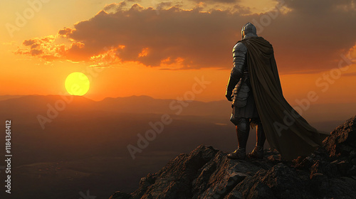 A knight in shining armor stands at the base of a massive, crumbling tower. The sky above is dark, and the knight gazes upward with determination, ready to face whatever dangers lie ahead.