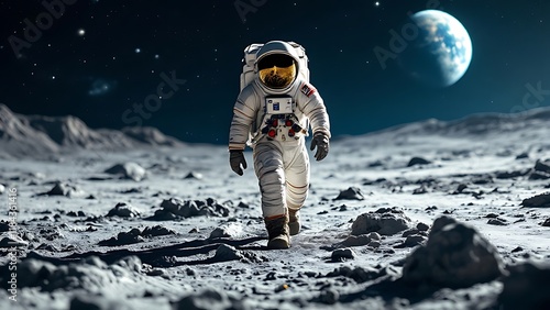 An astronaut walking on the moon and view of the Earth in background