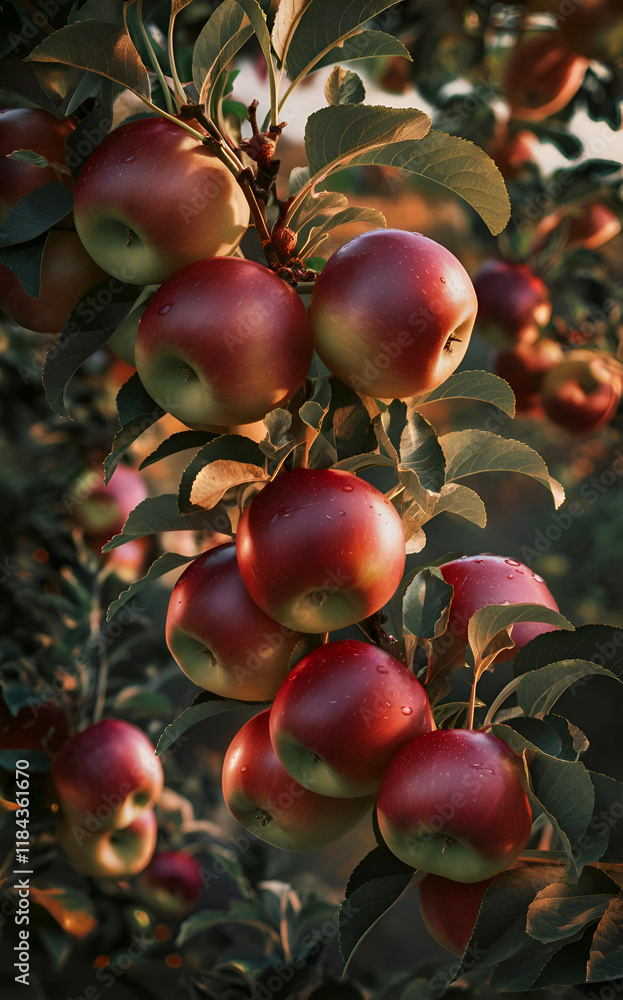 ripe juicy red apples hanging on banch on tree in garden around green leaves. close up. digital artwork. Ai generated.