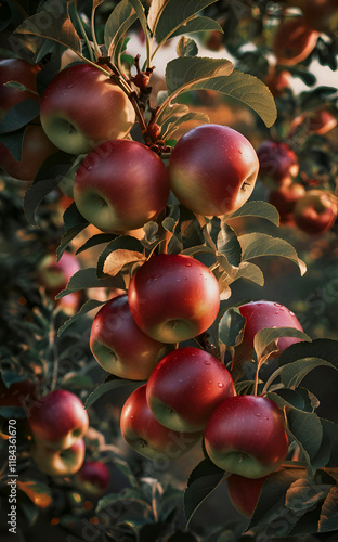 Obraz na płótnie ripe juicy red apples hanging on banch on tree in garden around green leaves. close up. digital artwork. Ai generated. w salonie