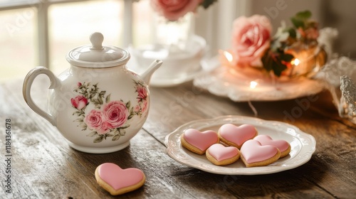 Romantic tea time setting with heart shaped cookies and floral teapot decor photo