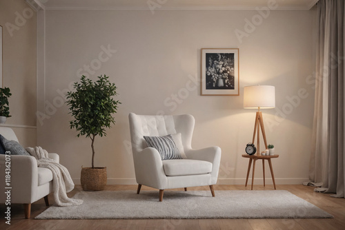 Modern retro concept of home interior at night with design sofa, armchair, coffee table, plants, carpet and personal accessoreis. Stylish home decor of living room. photo