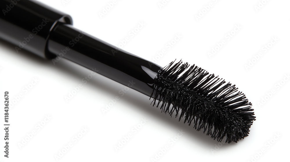 Black mascara brush closeup on white. Essential for beauty expertise and makeup artistry. Black mascara brush closeup on white. Essential for beauty expertise and makeup artistry.