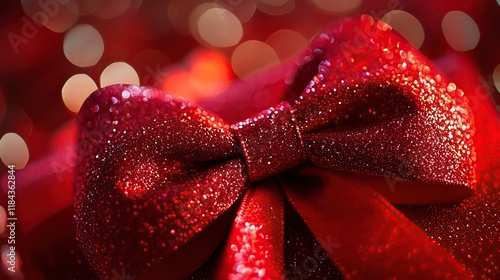 A close-up of a shimmering red bow on a Valentinea??s Day gift bag photo