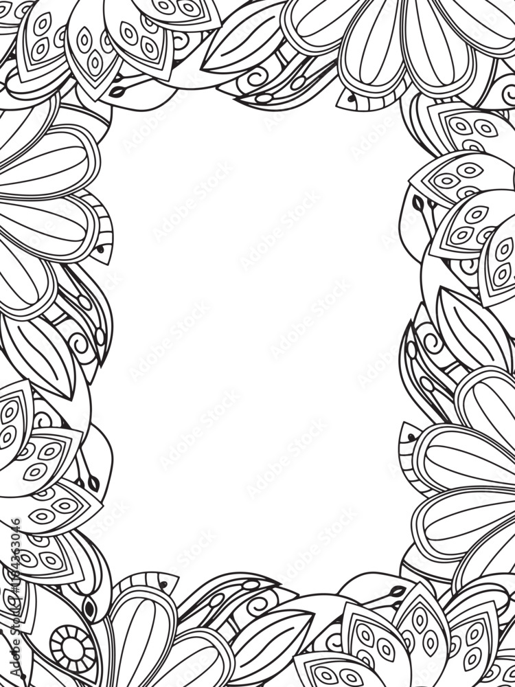 Fototapeta premium All these designs are hand-drawn and unique Beautiful Flowers Border black and white illustration for adult coloring book, This is a printable Beautiful Zentangle Coloring page for KDP Interior,