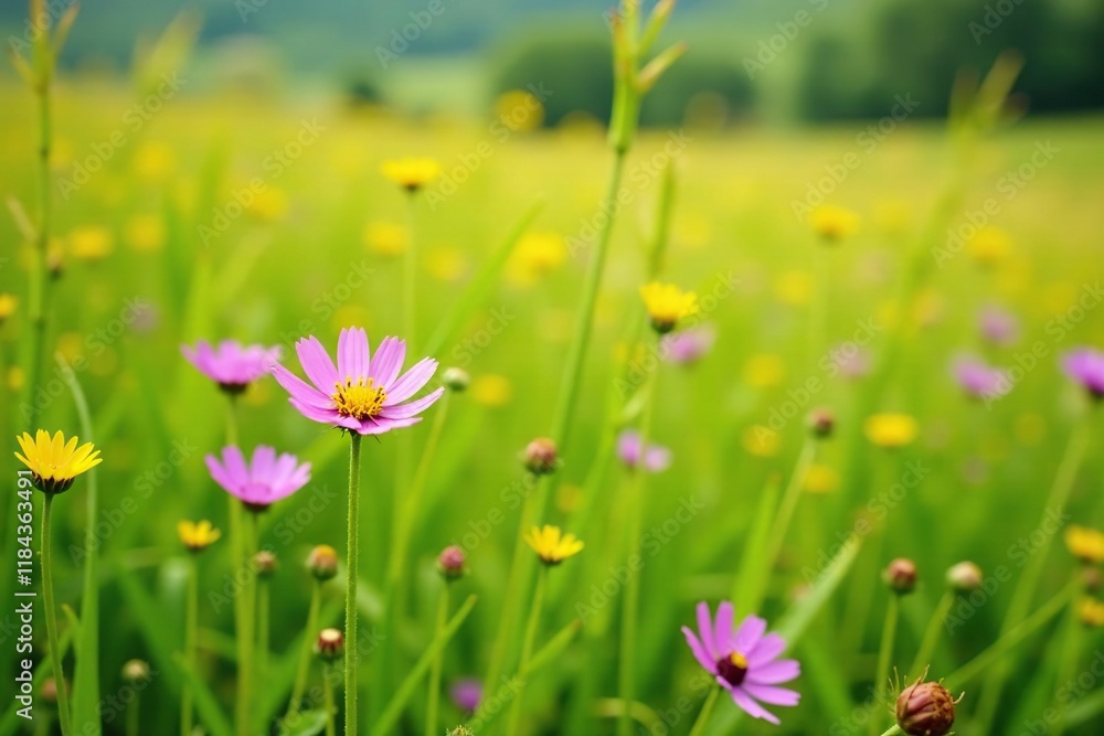 Wildflowers blooming in a field of tall grass, countryside, wildflowers, yellow green grass Wildflowers blooming in a field of tall grass, countryside, wildflowers, yellow green grass