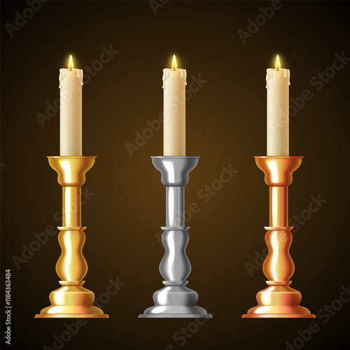 Candlestick for one candle. Gold, silver and bronze candlesticks. Vector 3D clipart.