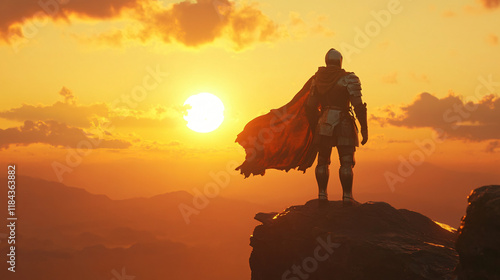 A knight in shining armor stands on the edge of a cliff, looking into the horizon. The sun sets behind him, casting a golden glow and highlighting his silhouette.