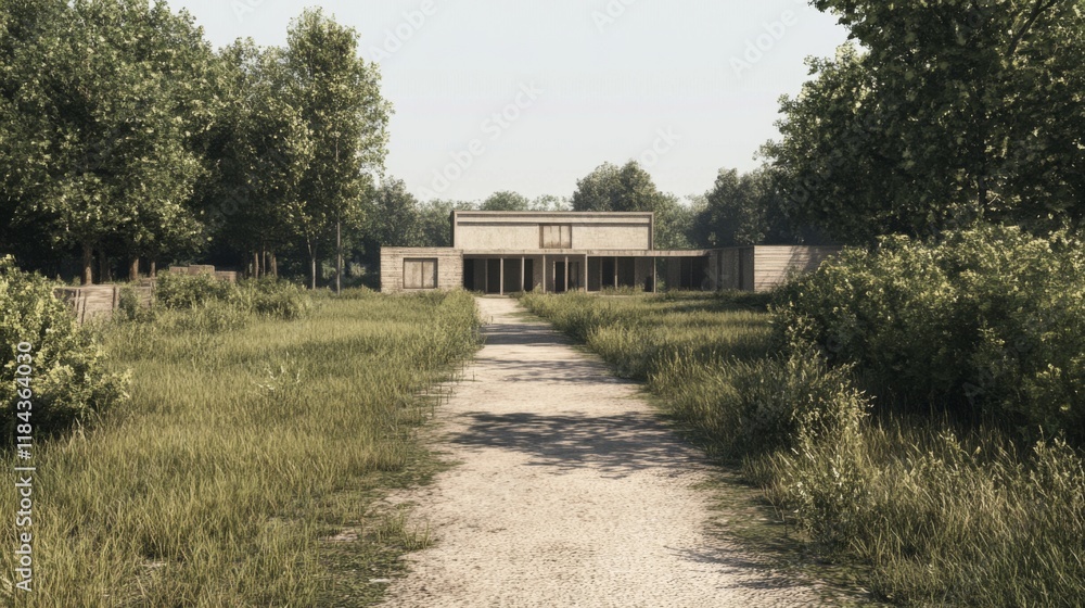 Overgrown path leading to a deserted, minimalist building in a field. Overgrown path leading to a deserted, minimalist building in a field.