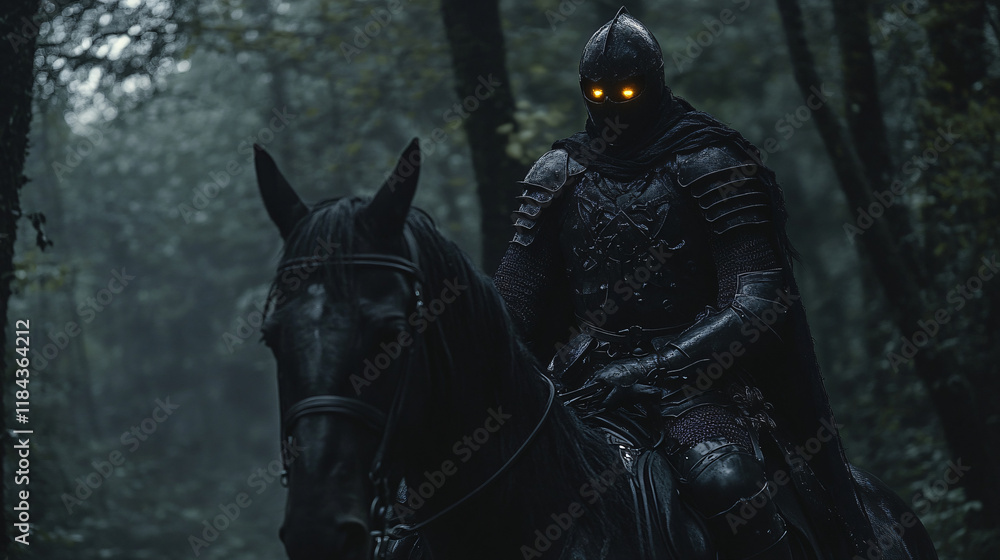 Fototapeta premium A knight in shining black armor rides through a dense, misty forest on horseback. His glowing eyes are the only thing visible beneath the shadow of his helmet, and the forest appears to swallow him wh