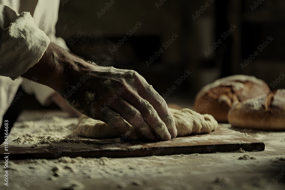 Close-up of hands kneading dough on a wooden table, the focus is on the bread's shape and texture being formed by a man in a white apron Close-up of hands kneading dough on a wooden table, the focus is on the bread's shape and texture being formed by a man in a white apron