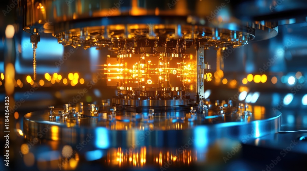 Quantum processor array glowing within a mirrored chamber, reflecting infinite light patterns Quantum processor array glowing within a mirrored chamber, reflecting infinite light patterns