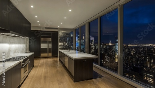 Modern penthouse kitchen with floor-to-ceiling windows showcasing New York City skyline at night, sleek grey cabinets, and white marble countertop.