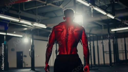 A muscular man standing in a gym with red light emphasizing his back muscles photo