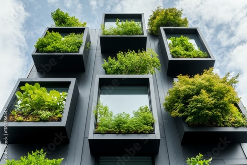 A high-rise building with a vertical farming faÃ§ade, featuring rows of green plants growing in window boxes on each floor photo