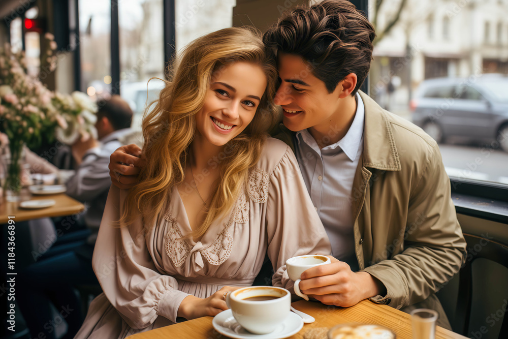 Romantic Date in a Coffee Shop, Enchanting Moments Unfold as a Couple Sips Coffee, Sharing Laughter and Affection in the Intimate Coffe Setting Romantic Date in a Coffee Shop, Enchanting Moments Unfold as a Couple Sips Coffee, Sharing Laughter and Affection in the Intimate Coffe Setting