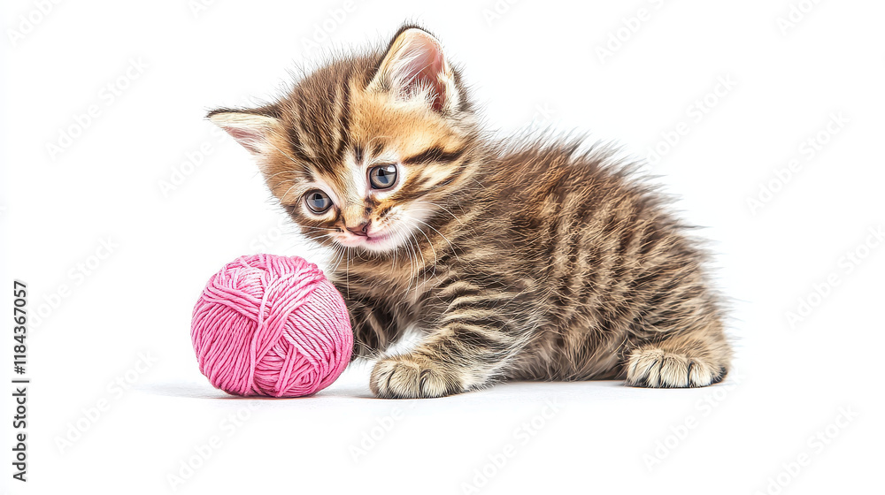 Fototapeta premium playful kitten with fluffy fur interacts with pink yarn ball