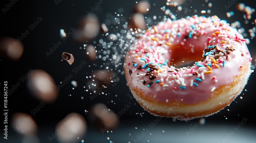 This stunning image captures a chocolate donut with colorful sprinkles suspended in motion, surrounded by a flurry of confectionery, symbolizing joyful indulgence. This stunning image captures a chocolate donut with colorful sprinkles suspended in motion, surrounded by a flurry of confectionery, symbolizing joyful indulgence.