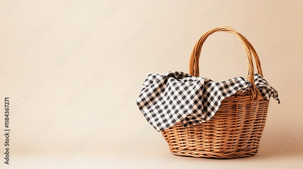 Open picnic basket with a gingham cloth peeking out, set against a soft beige backdrop Open picnic basket with a gingham cloth peeking out, set against a soft beige backdrop