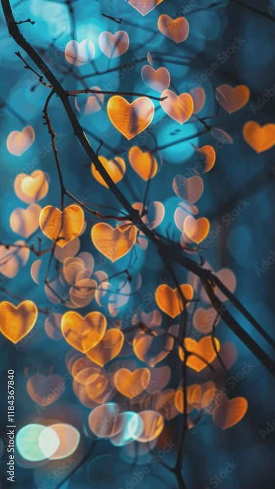 Golden Hearts in the Night: Romantic bokeh effect, hearts shaped lights on tree branches, dreamy night scene, warm colors, magical atmosphere Golden Hearts in the Night: Romantic bokeh effect, hearts shaped lights on tree branches, dreamy night scene, warm colors, magical atmosphere